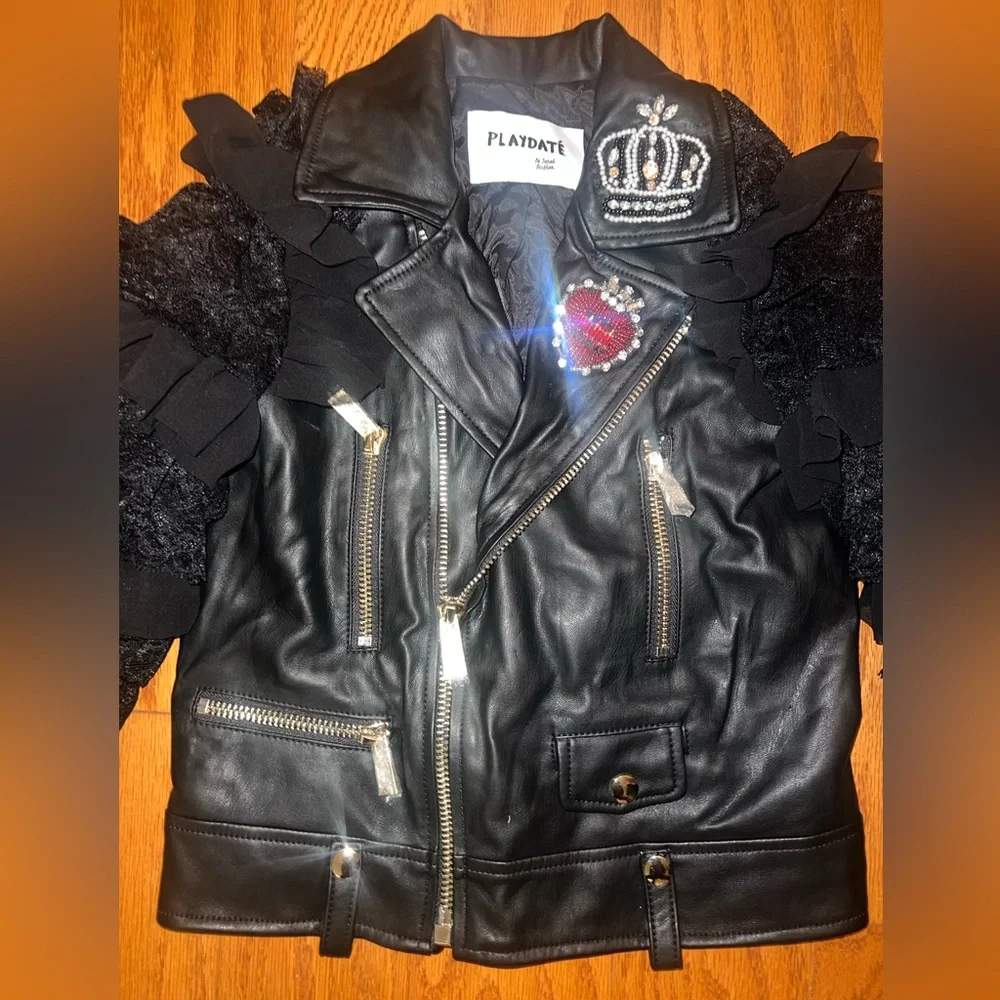 Girls Ruffle Sleeve Faux Leather Moto Jacket size 4T - Picture 3 of 10